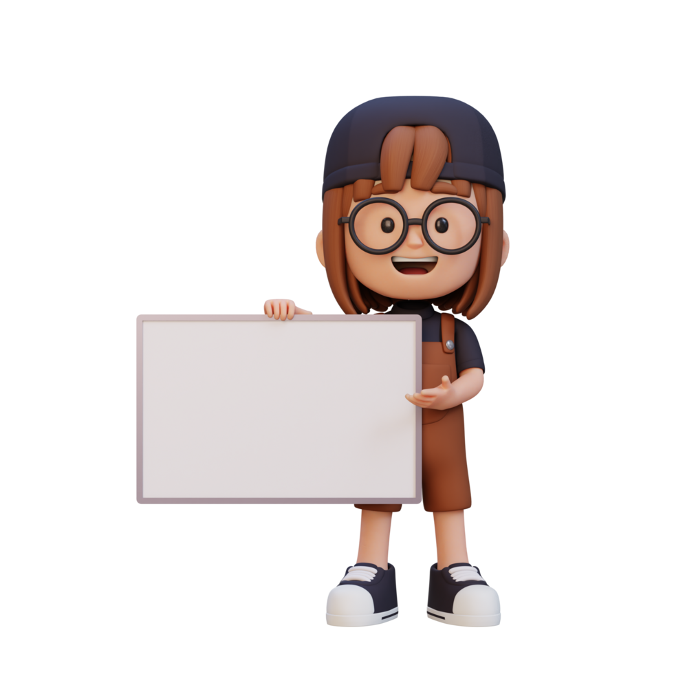 3D girl character holding a blank placard png