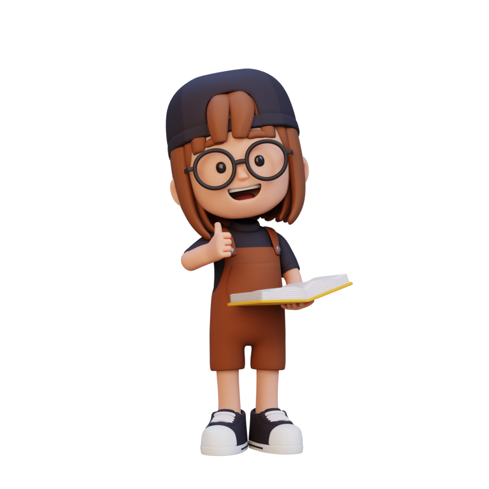 3D happy girl character reading book png