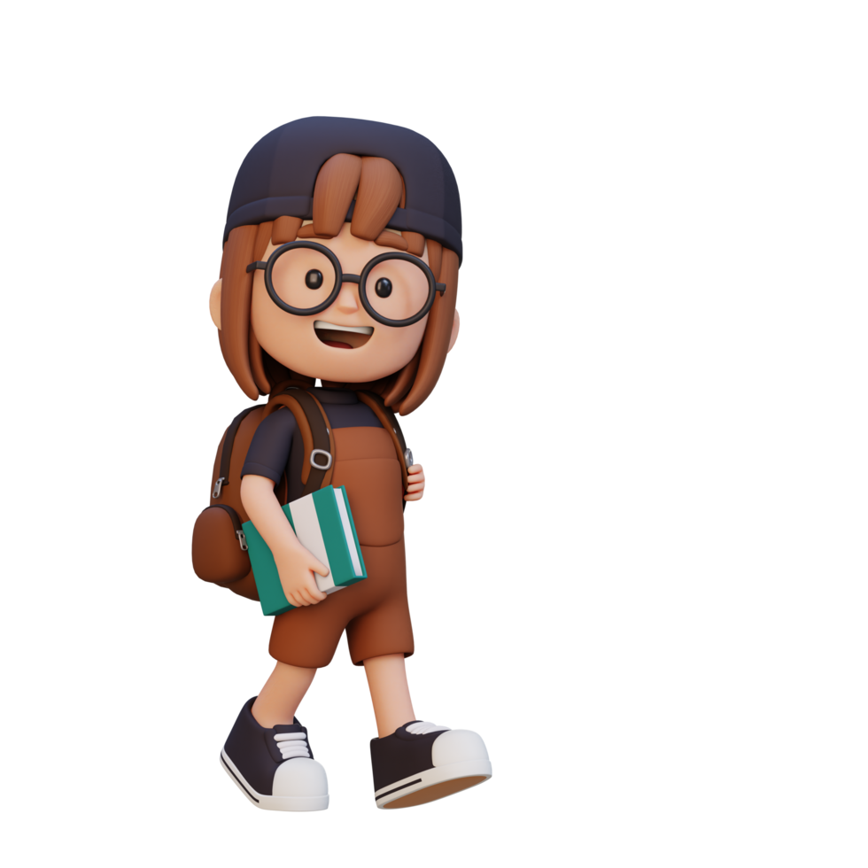 3D happy girl character walking go to school holding book png