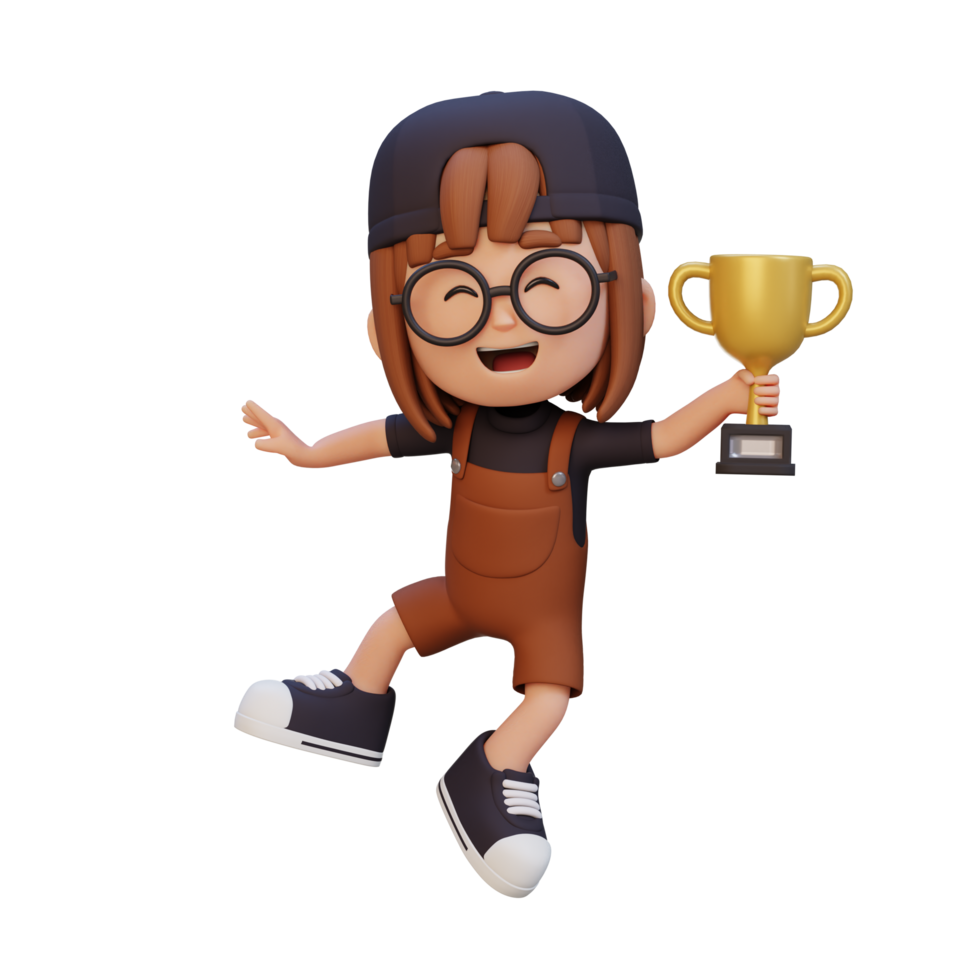 3D girl character celebrating win holding a trophy png