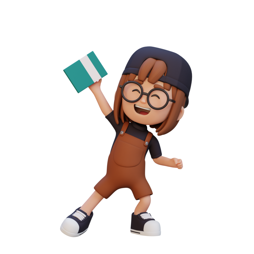 3D happy girl character holding book png