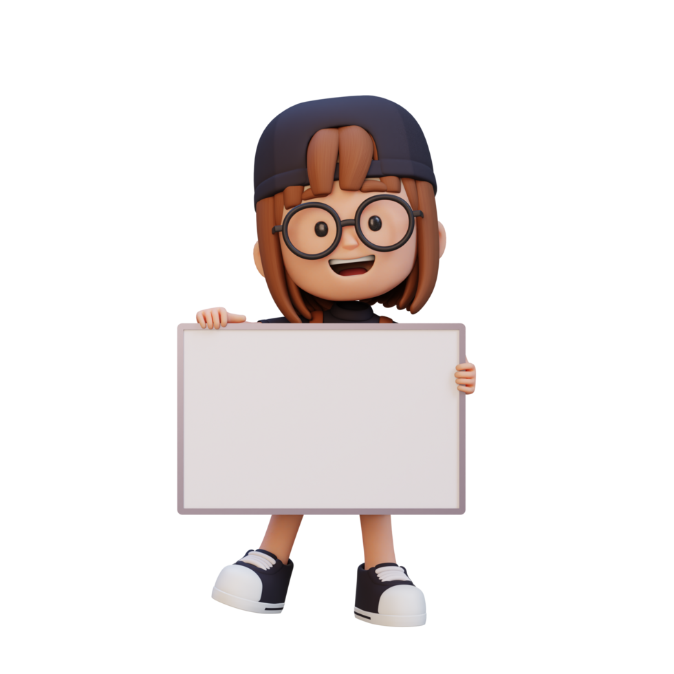 3D girl character holding a blank placard png