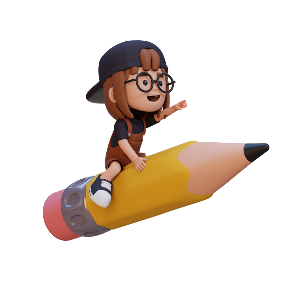3D girl character riding a pencil and pointing hand png