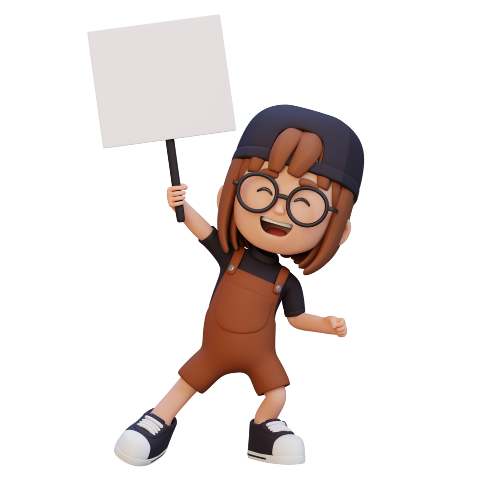 3D girl character holding a blank placard png