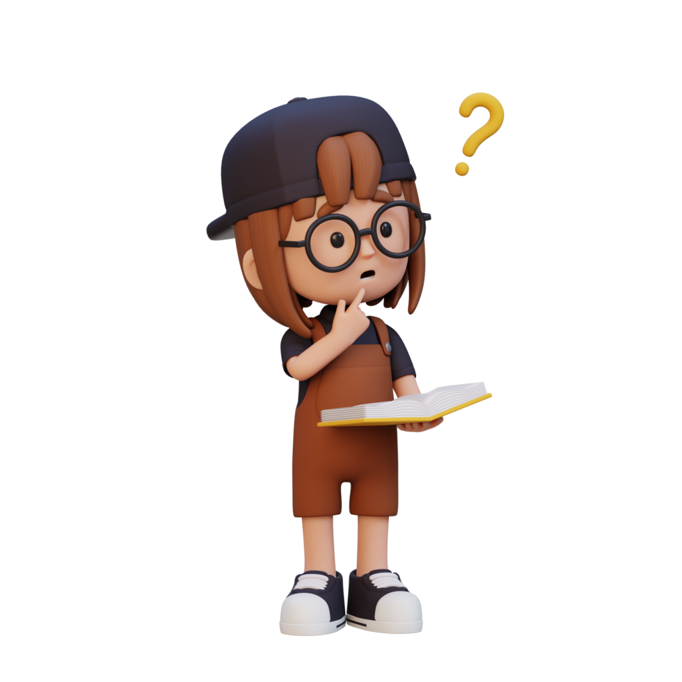 3D girl character get confused when reading a book png