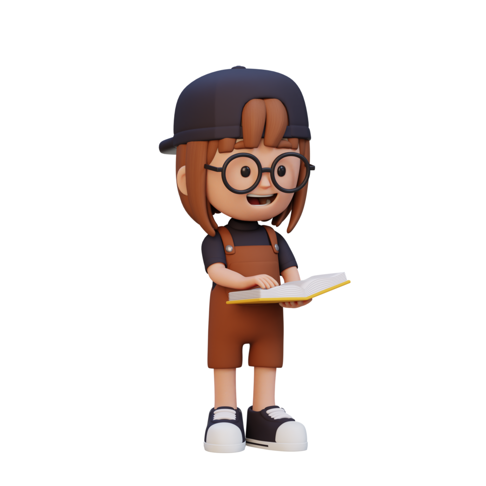 3D happy girl character reading book png