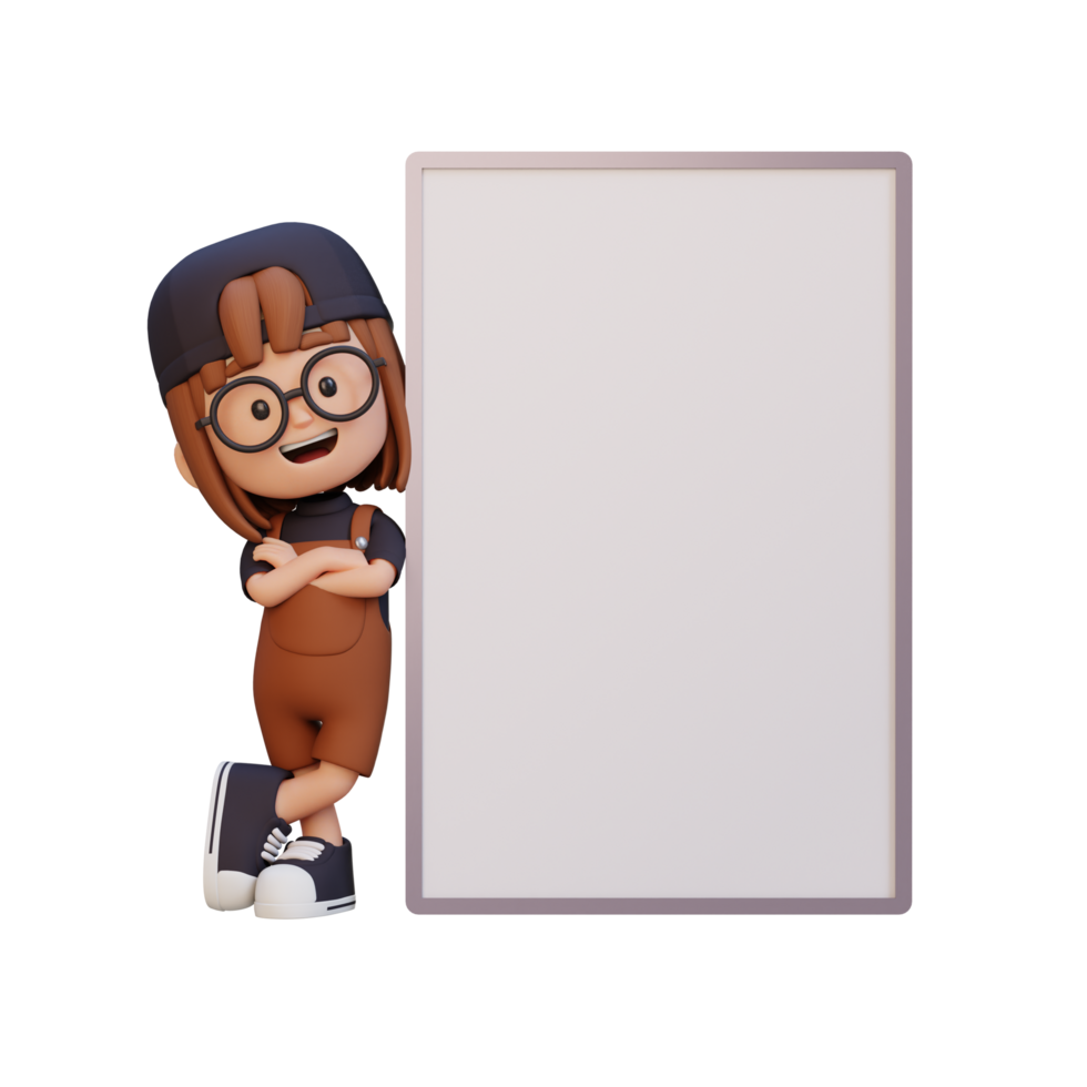 3D girl character holding a blank placard png