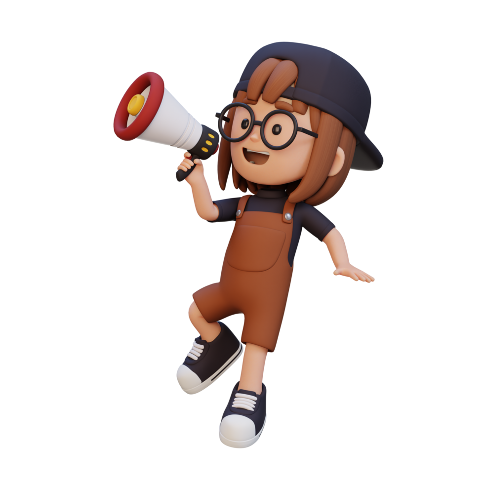 3D cute girl Character jumping and talking on Megaphone png