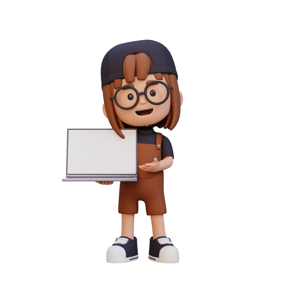 3D girl Character Holding and Presenting to a Laptop with Empty Screen png