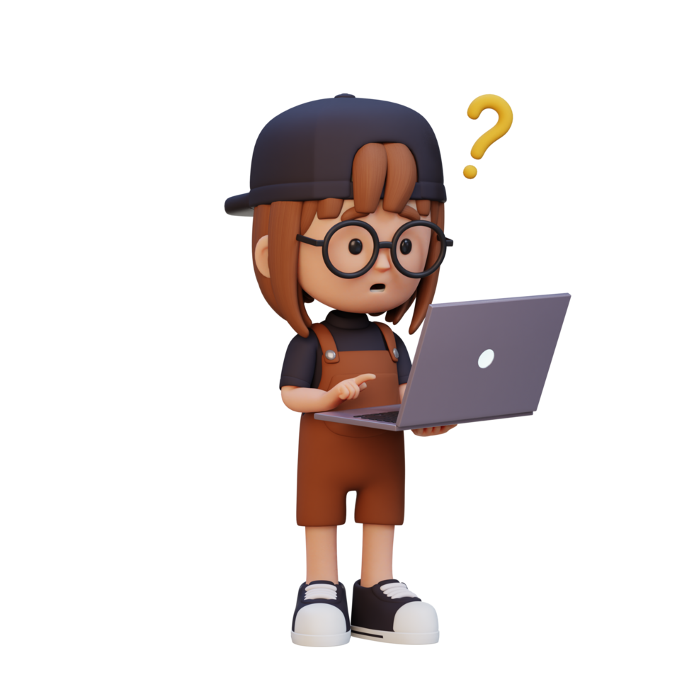 3D cute girl character confused on a laptop png