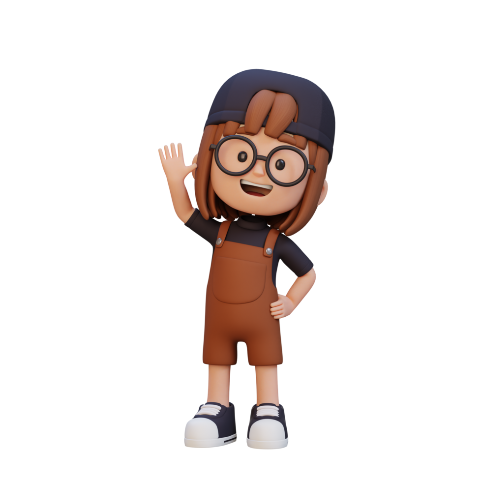 3D girl character waving hand with cute happy face png