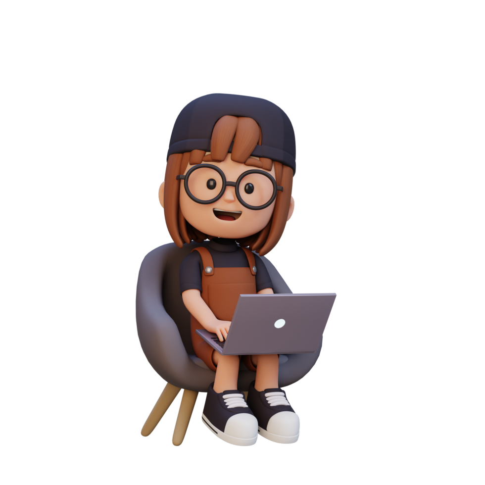 3D girl Character working on a Laptop png