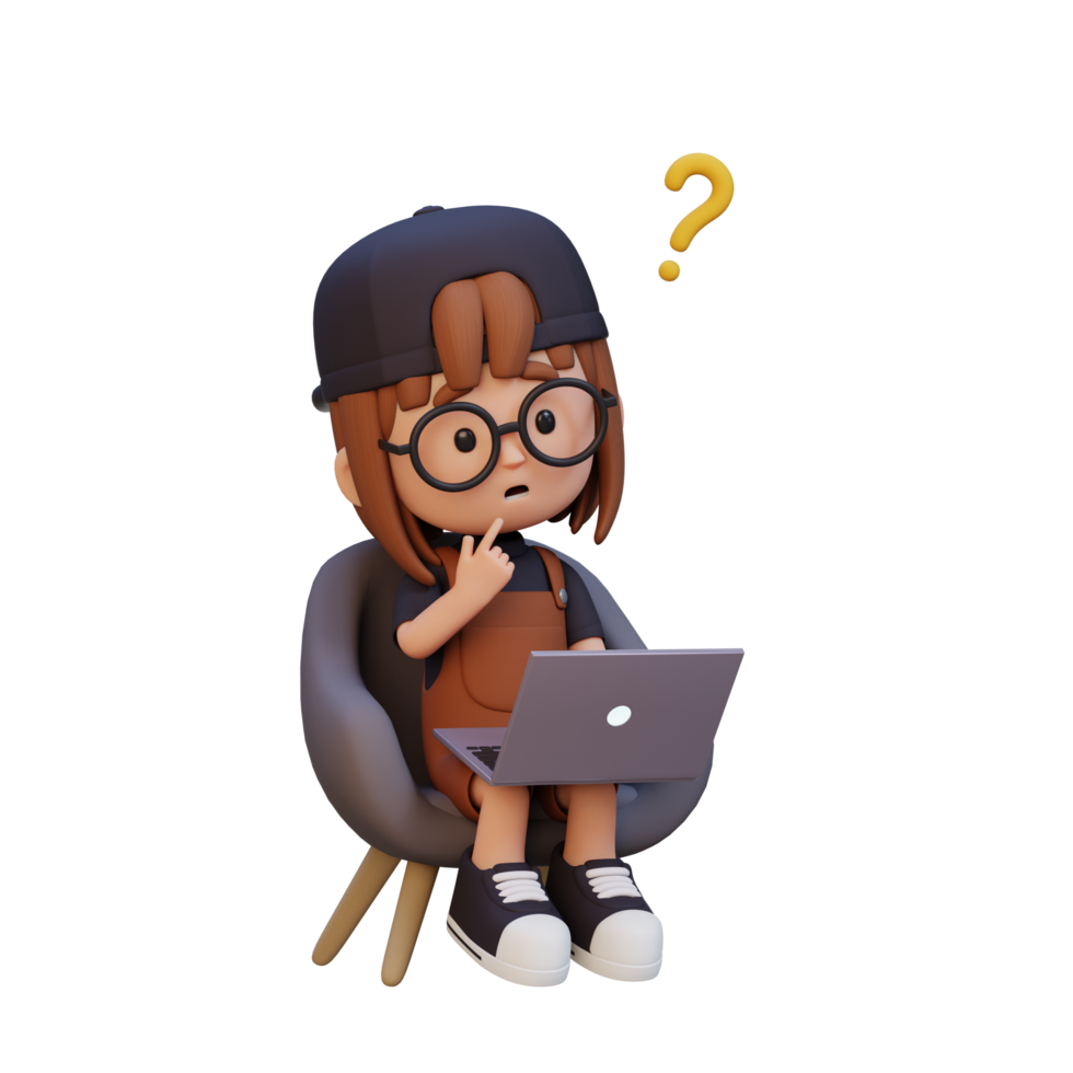 3D cute girl character confused on a laptop png
