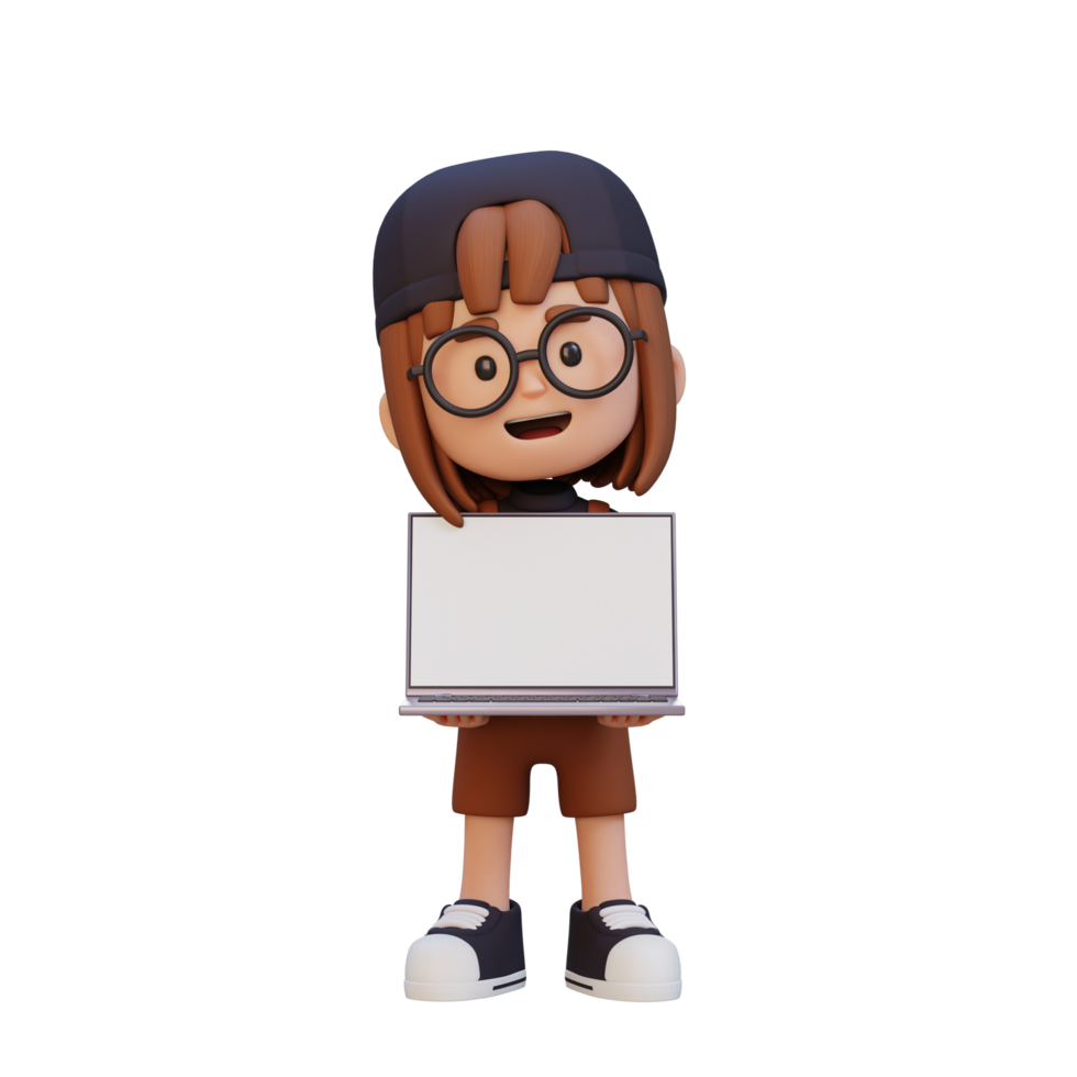 3D girl Character Holding and Presenting to a Laptop with Empty Screen png