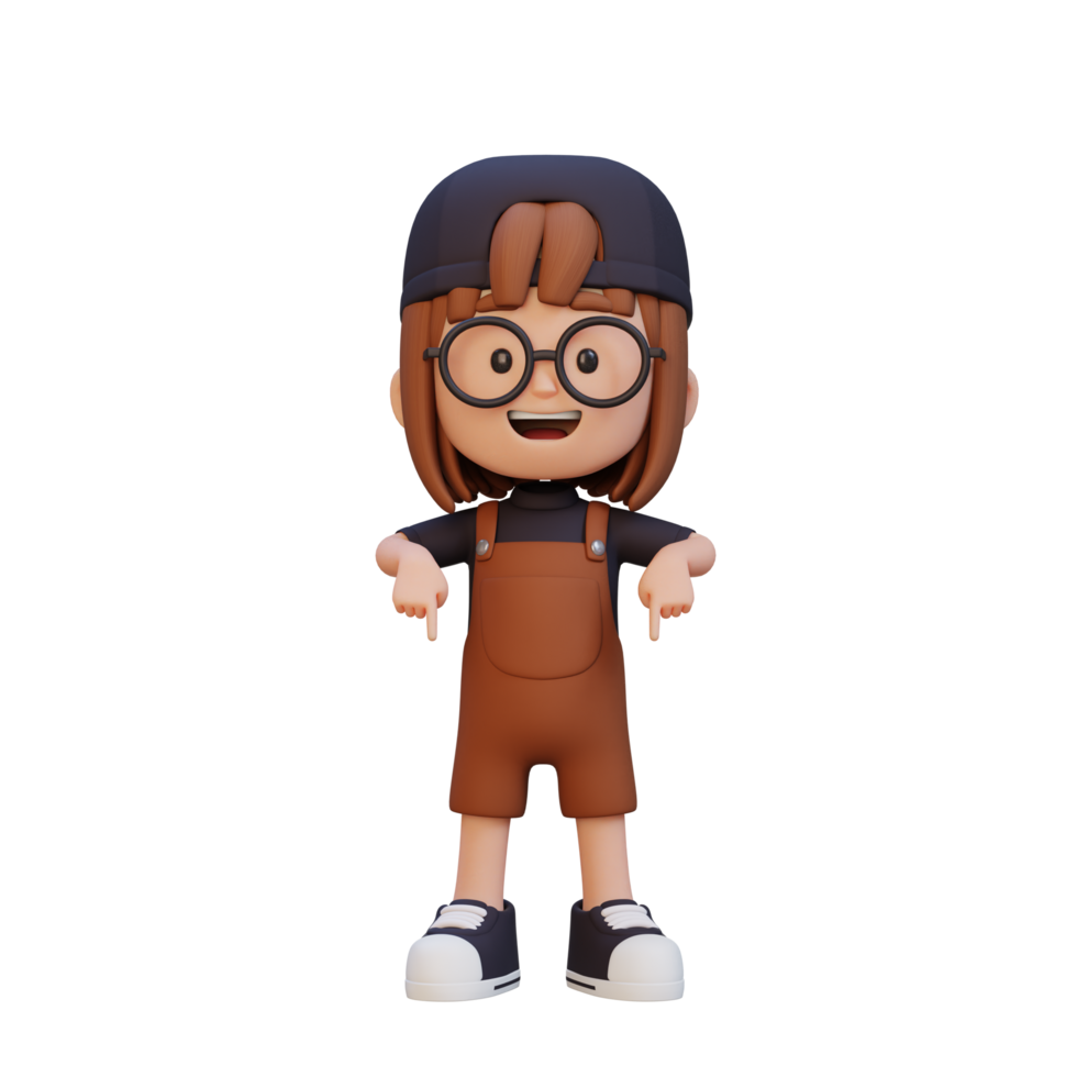 3D cute girl pointing hand to bottom png