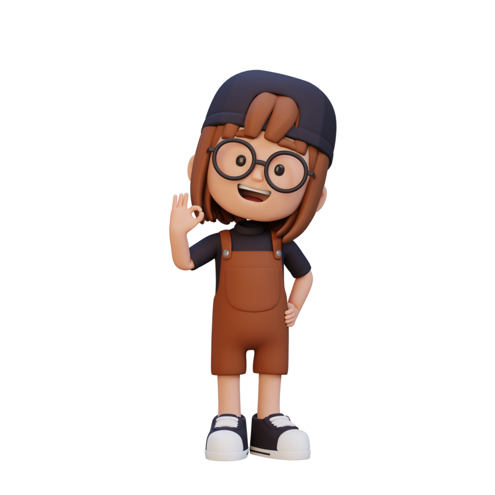 3D cute girl give ok sign png