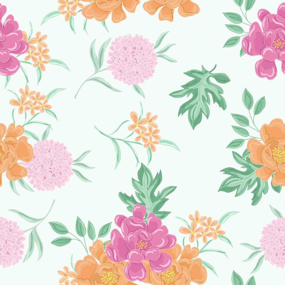 Hand Drawn Pastel Rose and Hydrangea Flower Seamless Pattern vector