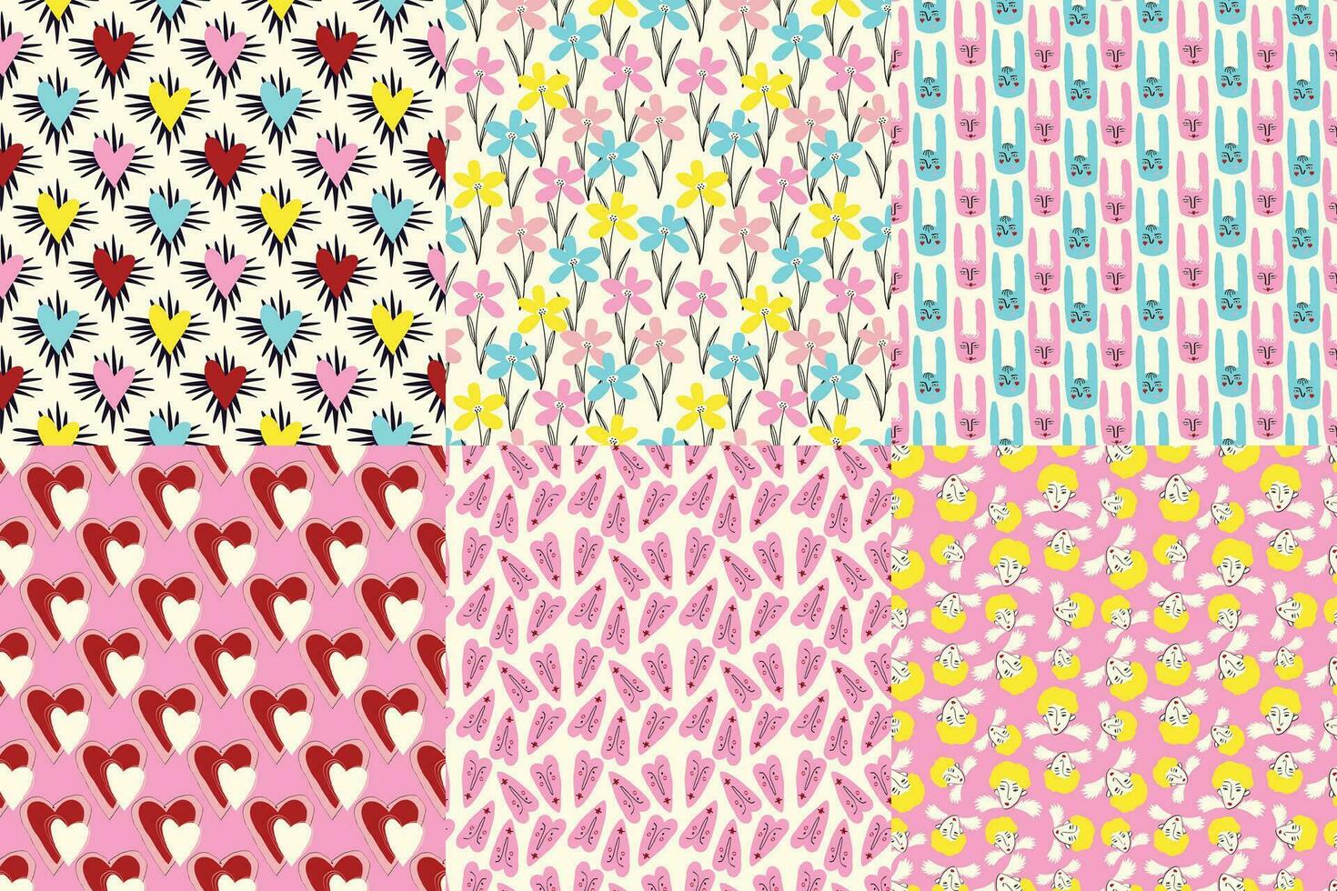 Vibrant and cool funny patterns for Valentine's Day. Seamless pattern with cool playful characters and hearts vector