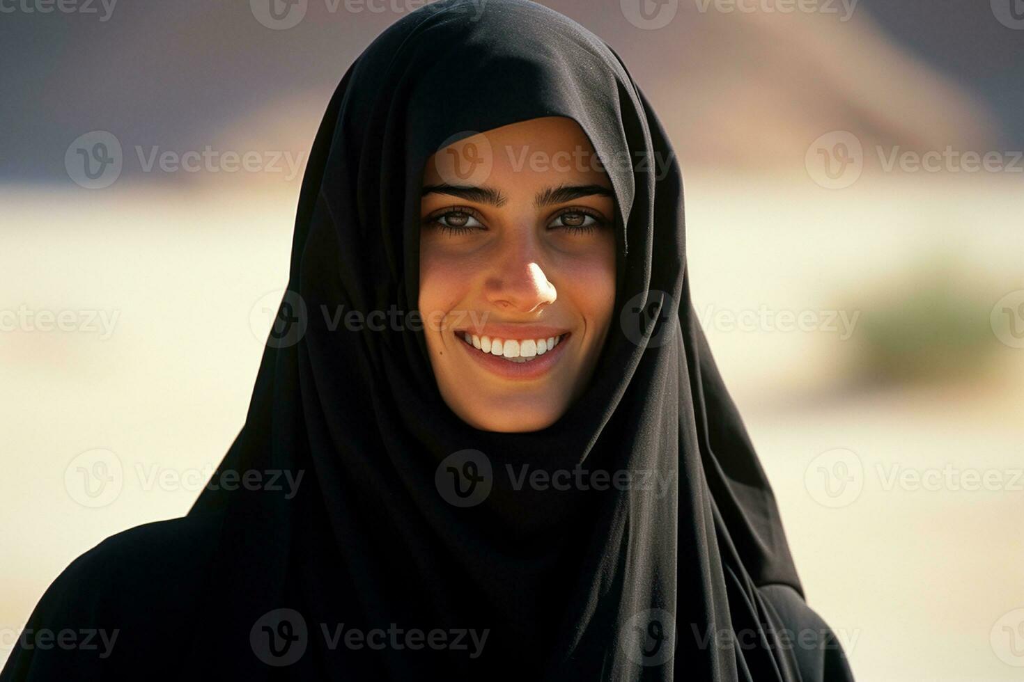 AI generated Portrait of a beautiful Muslim woman wearing hijab posing outdoors generative AI photo