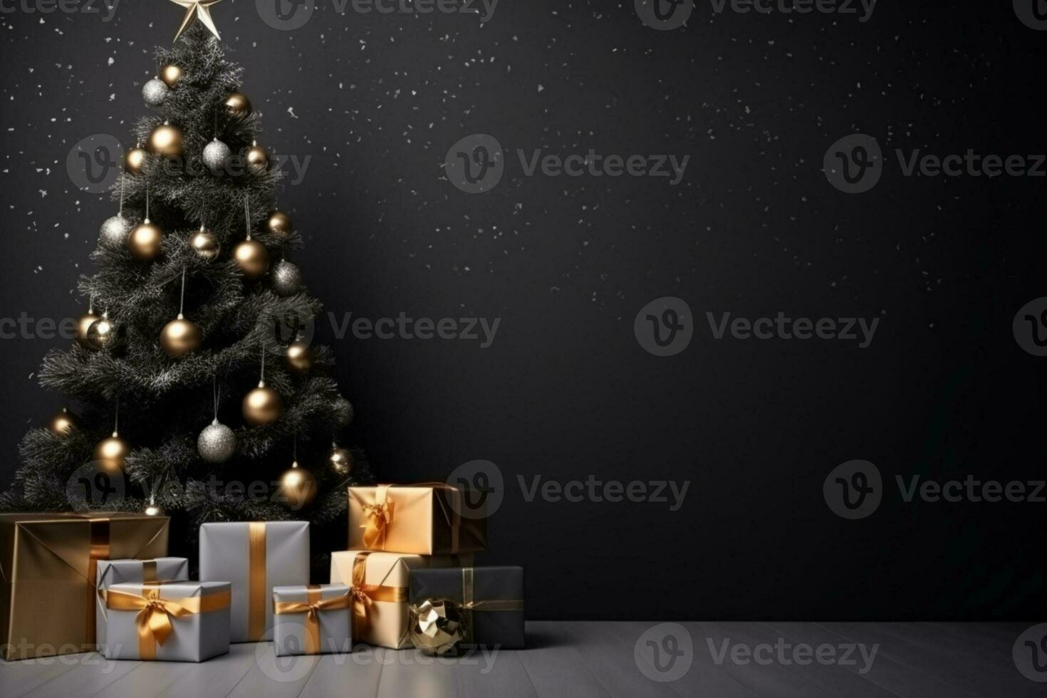AI generated Beautiful closeup of a Christmas tree hanging ornaments on it with gifts photo