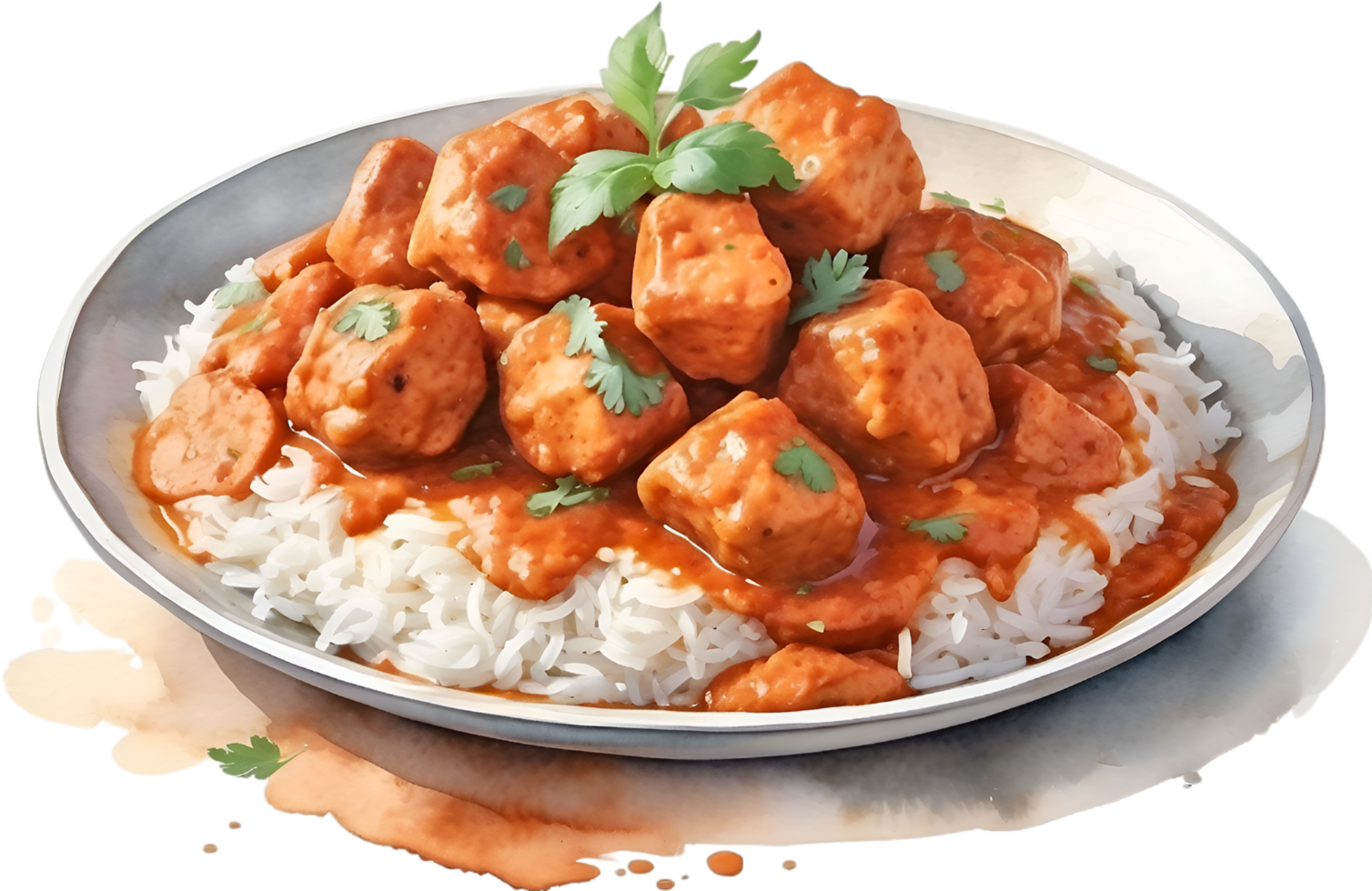 AI generated Watercolor painting of a delicious-looking Chicken Tikka Masala. Ai-generated. png