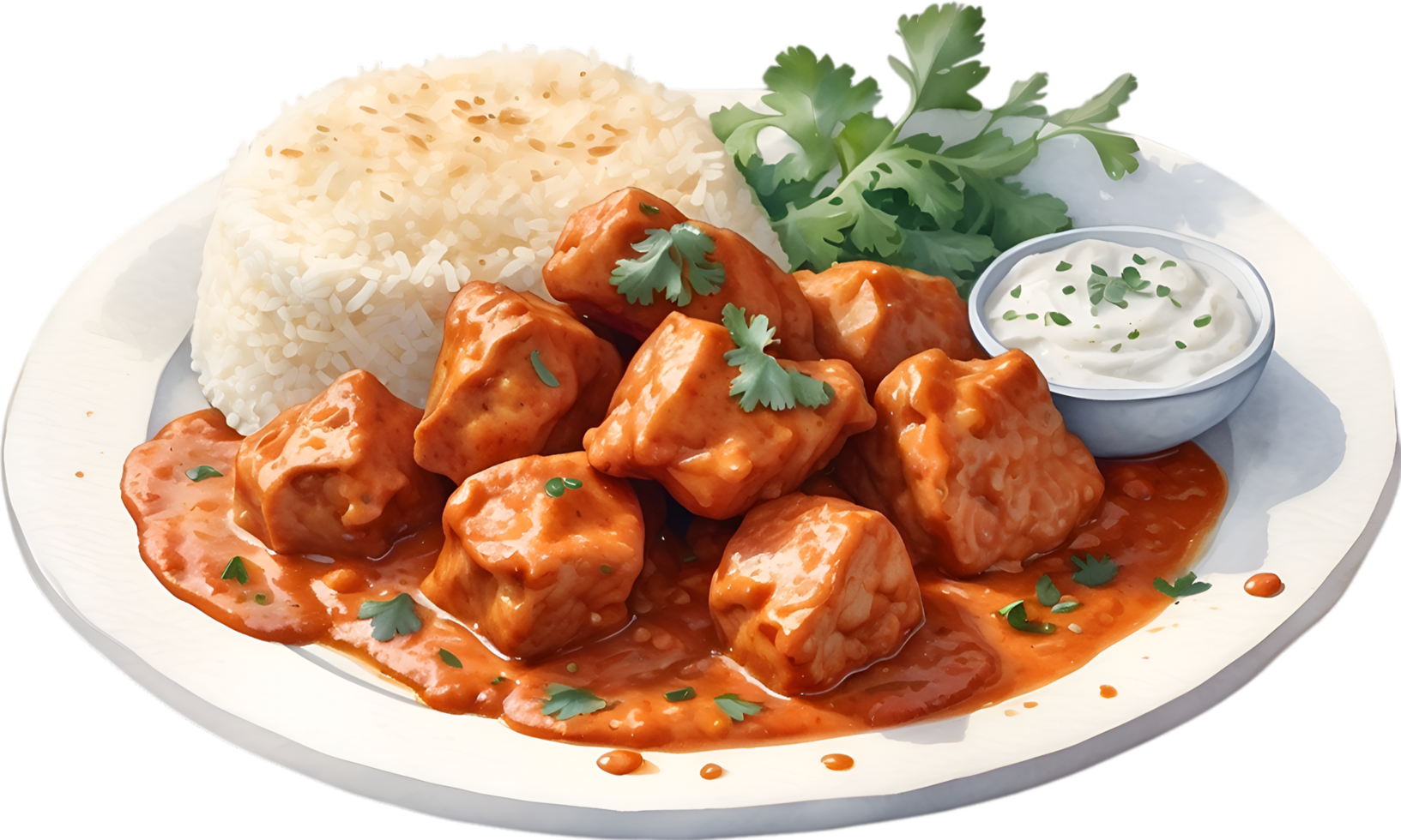 AI generated Watercolor painting of a delicious-looking Chicken Tikka Masala. Ai-generated. png