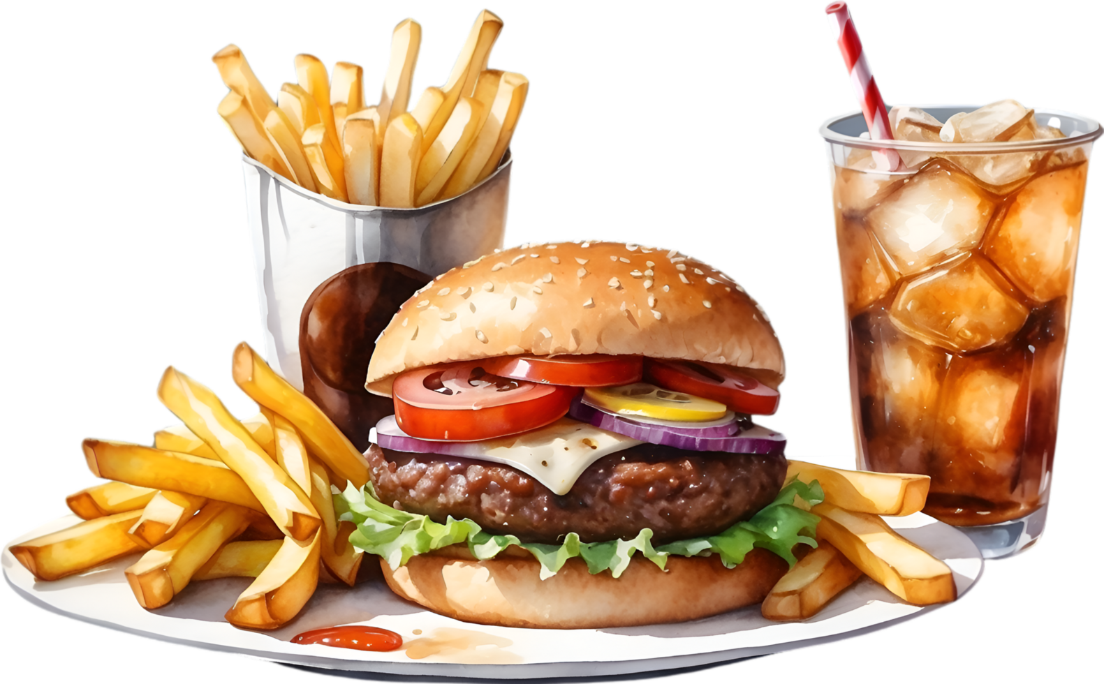 AI generated Watercolor painting of a delicious-looking Burger and fries. png