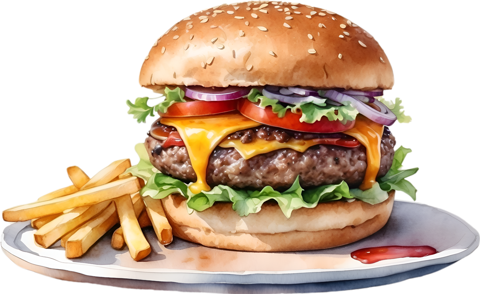 AI generated Watercolor painting of a delicious-looking Burger and fries. png