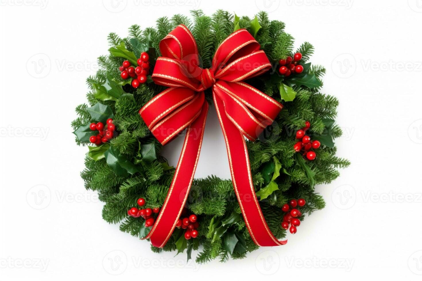 AI generated Christmas Wreath Made of Pine Branches and bauble on white background photo