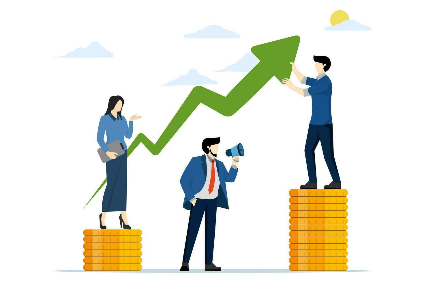 Concept of investment, business success, social networking, internet advertising, finance, live streaming and communication. business team holding rising graph. flat vector illustration on background.