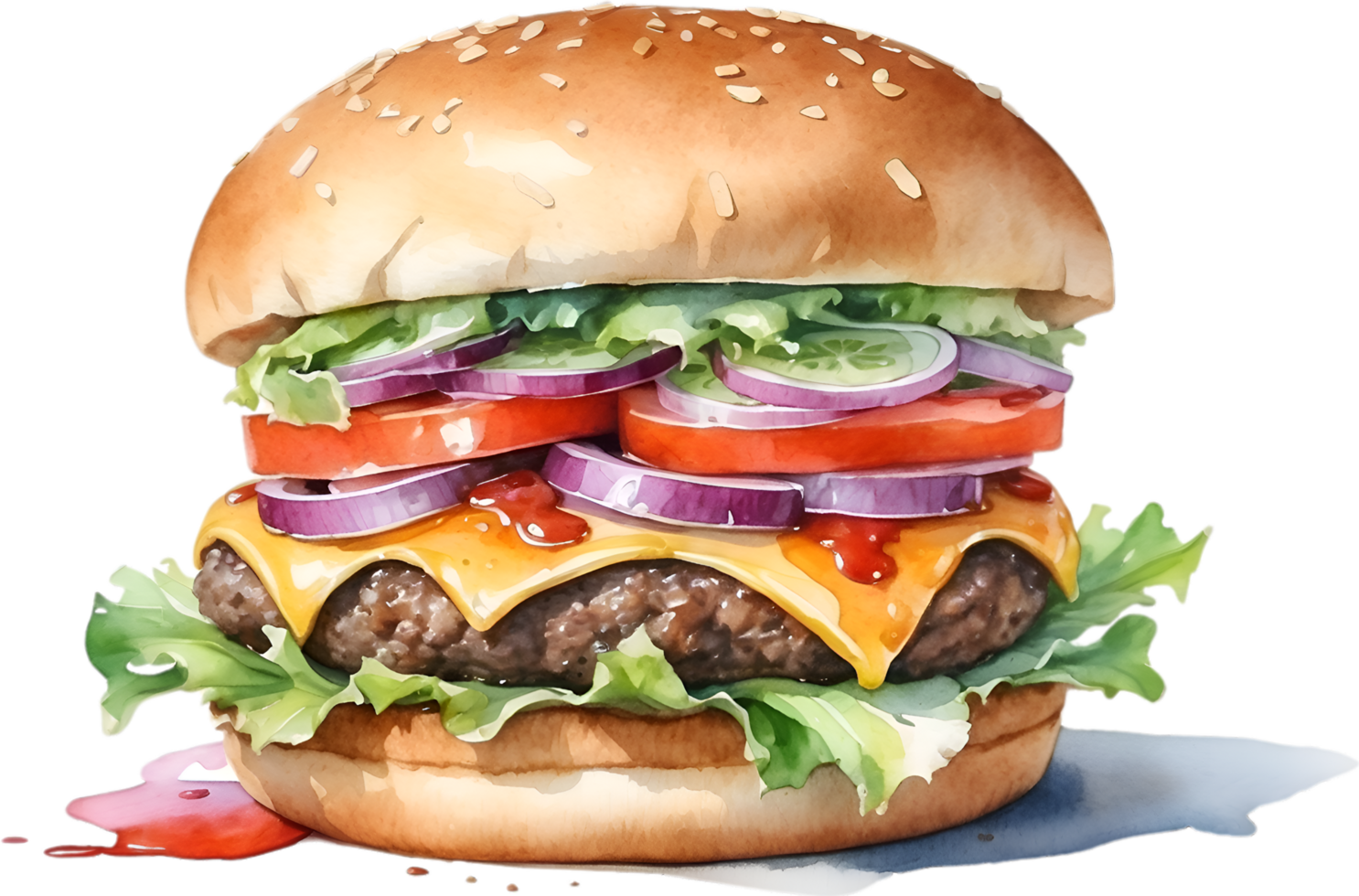 ai gegenereerd waterverf schilderij van een heerlijk uitziend hamburger. png