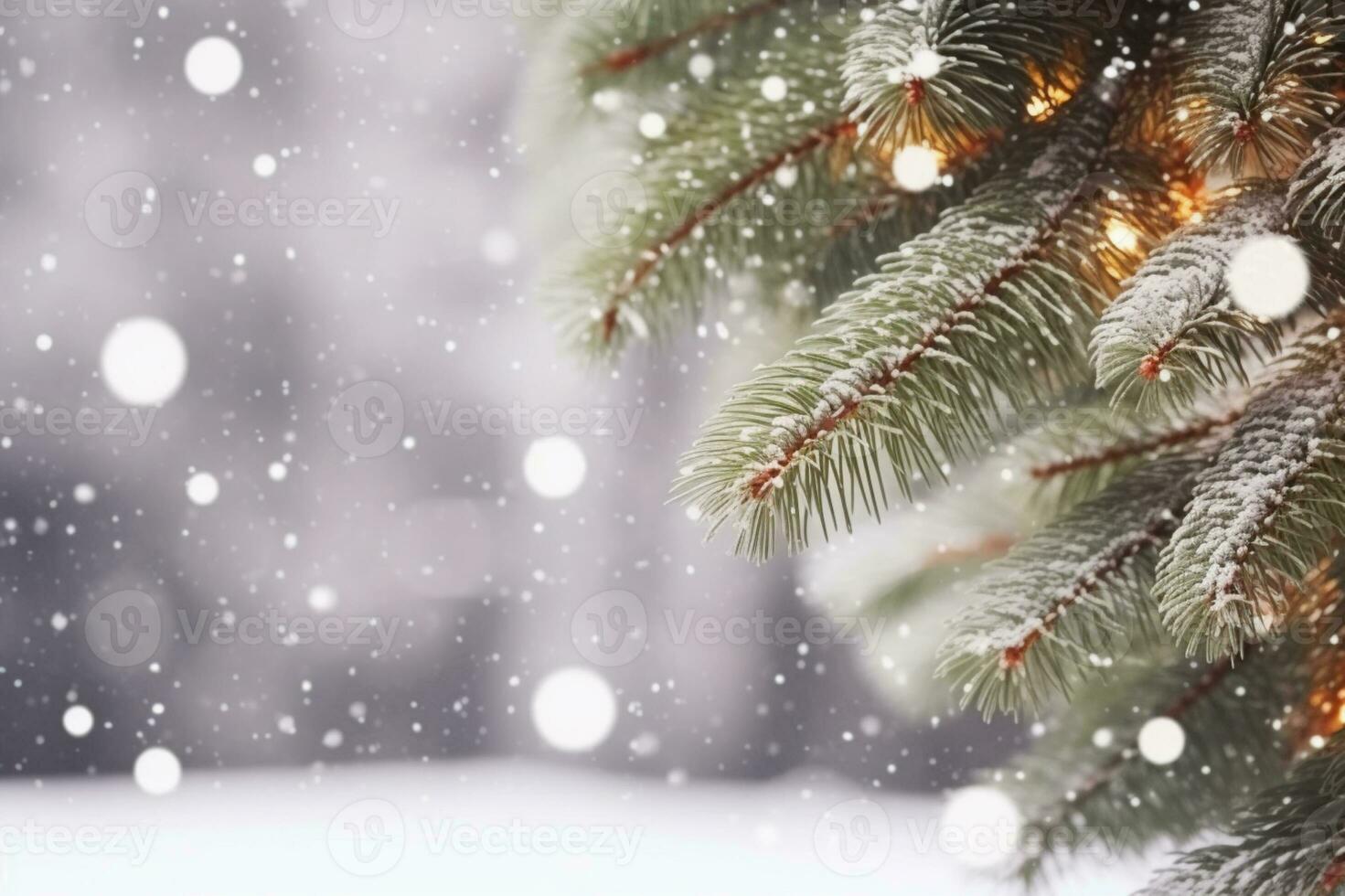 AI generated Snowflakes settling on pine branches under soft winter moonlight photo