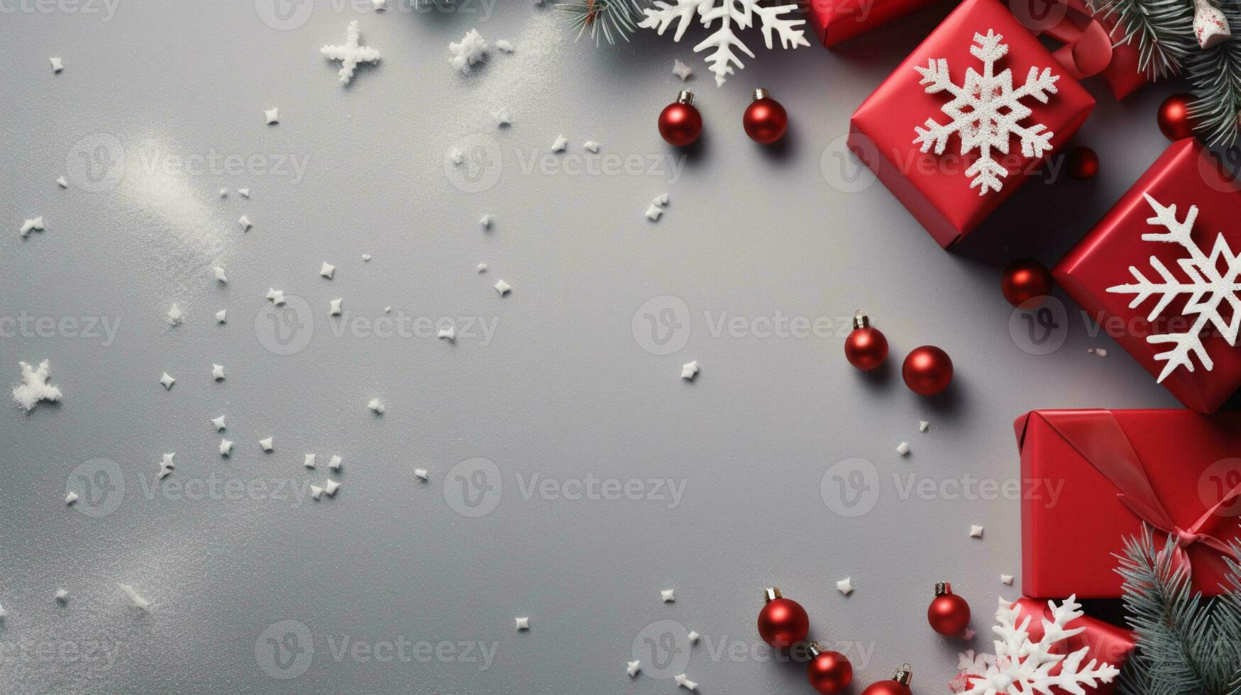 AI generated christmas holidays composition of fir tree branches with baubles and gifts copy space photo