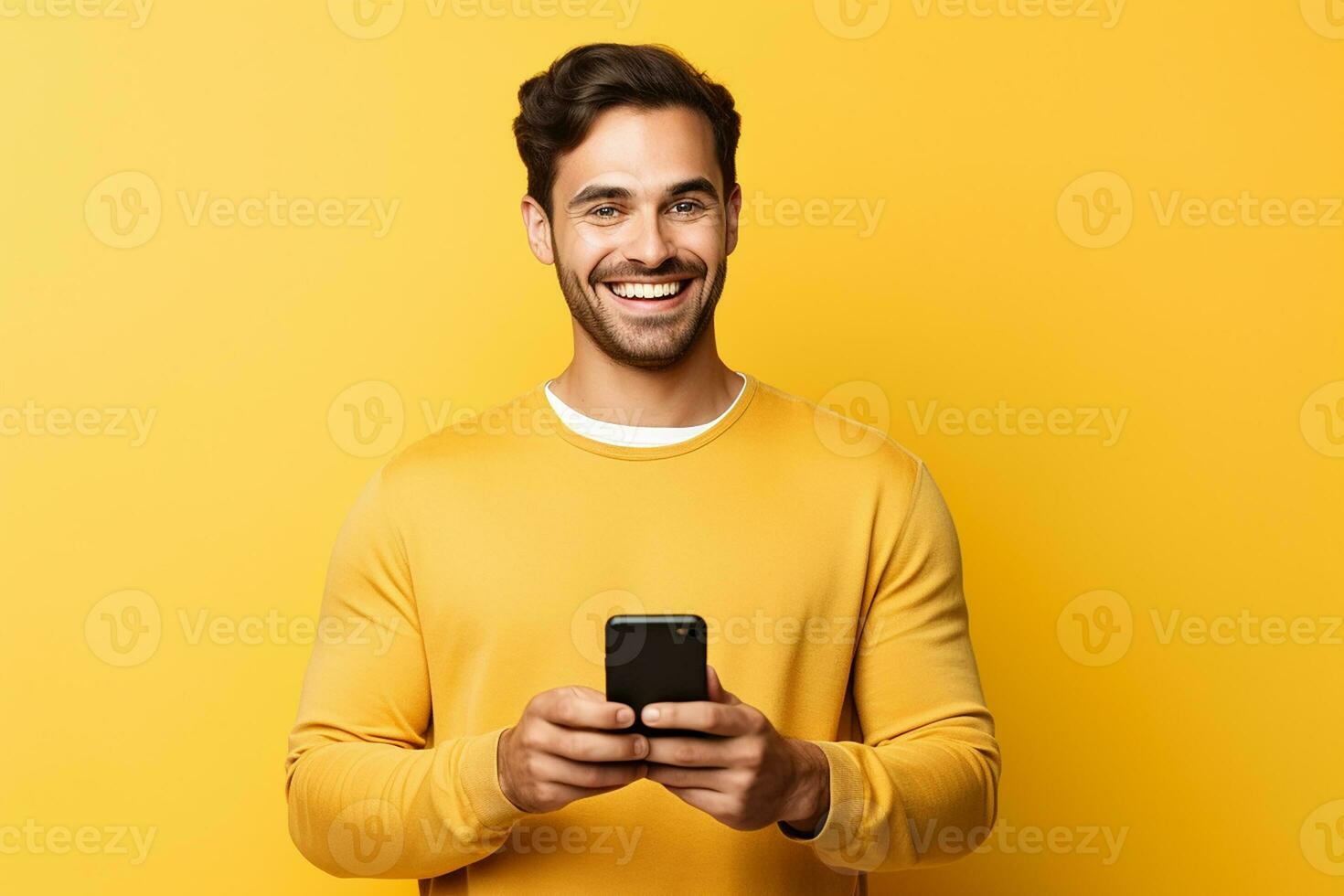 AI generated man looking at phone standing isolated on yellow background photo