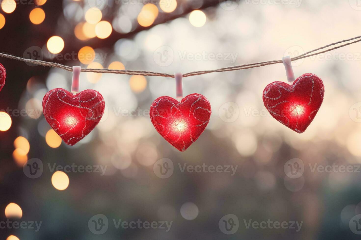 AI generated Valentine day love beautiful hearts hanging on branch of tree photo