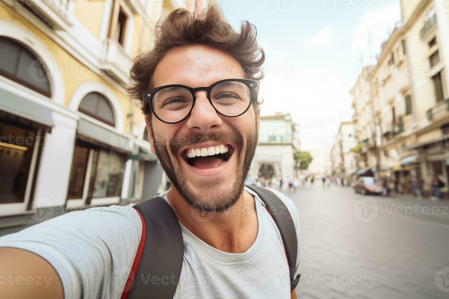 AI generated travel blogger influencer wearing glasses shooting video about travelling photo