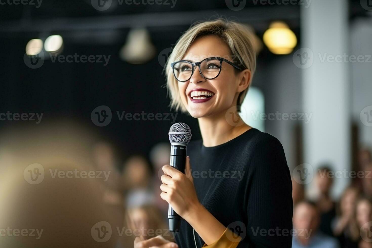 AI generated Female speaker giving a talk on corporate business conference. Unrecognizable people in audience at conference hall. Business and Entrepreneurship event photo