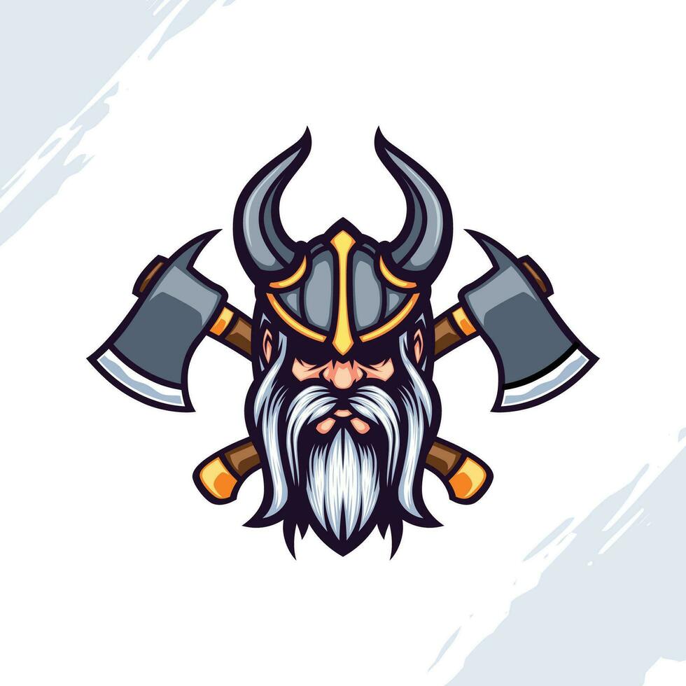 mascota logo retrato de un antiguo Rey vistiendo un con cuernos vikingo casco con cruzado hachas vector