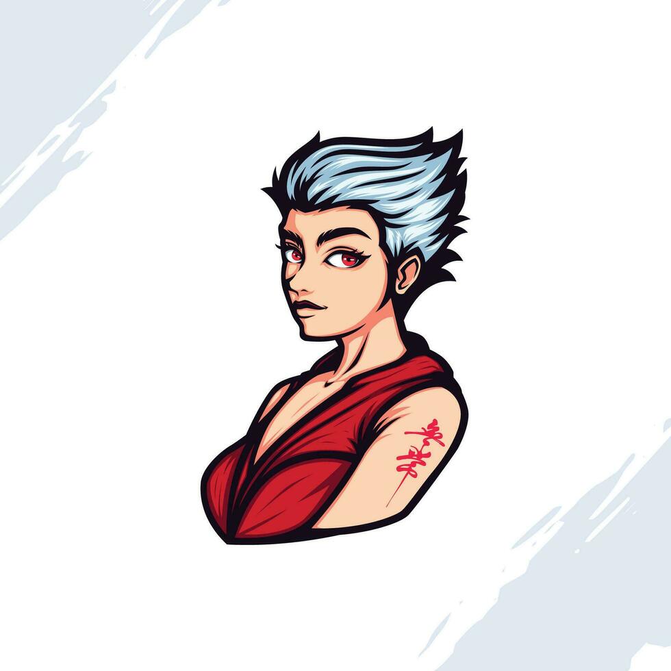 mascota logo retrato de mujer con corto plata pelo vistiendo sin mangas camisa vector
