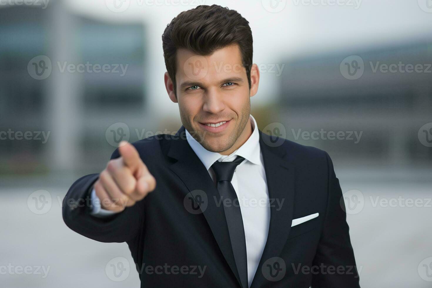 AI generated young smiling man in formal wear pointing with finger on you photo