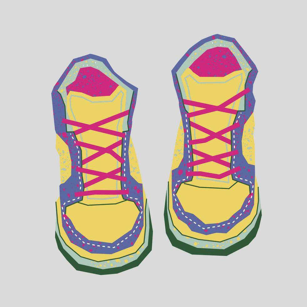 A Pair of colorful Sports Shoes, Sneakers ,Top View, Flat Style, Nostalgic Realism  Isolated Vector Illustration.