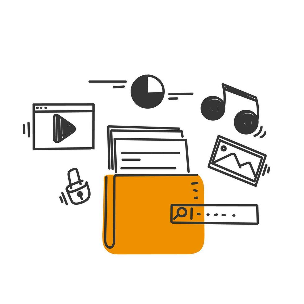 hand drawn doodle search file on folder illustration vector