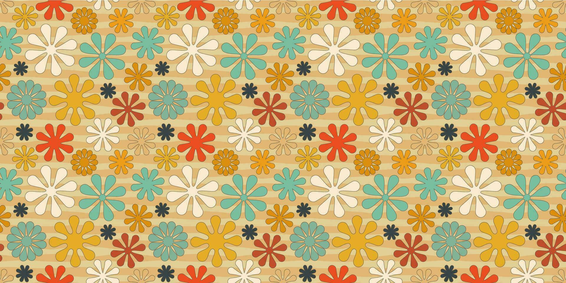 A retro style seamless pattern with a hippie flower aesthetic design and striped vector background. Print surface for textiles, wrapping, and webs.