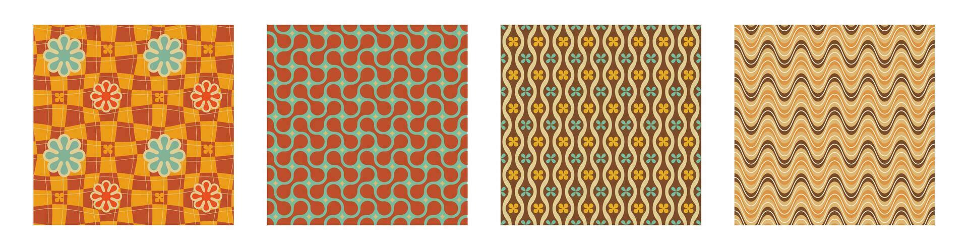 A retro style seamless patterns set with a hippie flower aesthetic design, vector background. Print surface for textiles, wrapping, and webs.