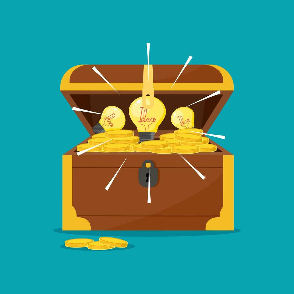 light bulb and a treasure chest with gold coins vector