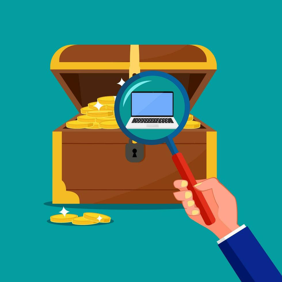 Use a magnifying glass to look at the tablet inside the treasure chest vector