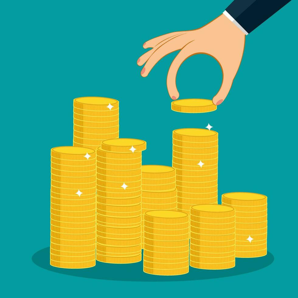 Hand put coin to money staircase. Coins stack. flat coin money stack vector