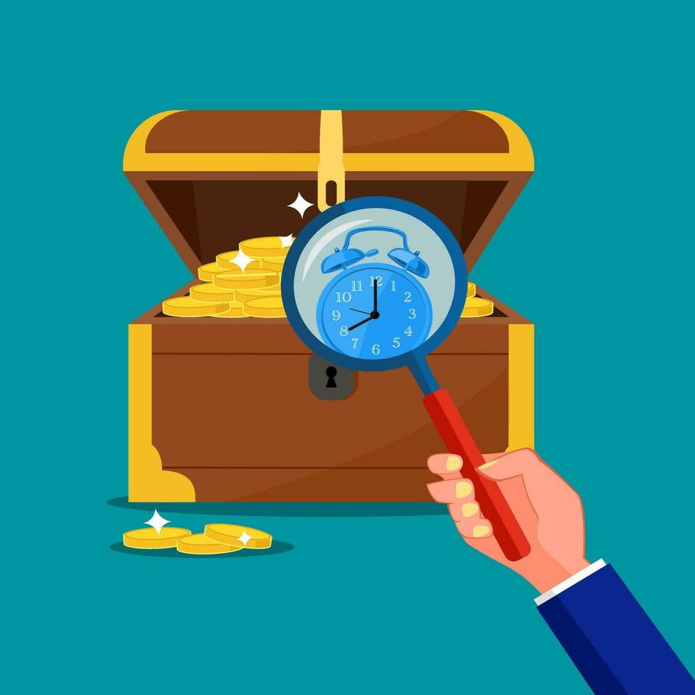Use a magnifying glass to look at the treasure chest with a watch vector