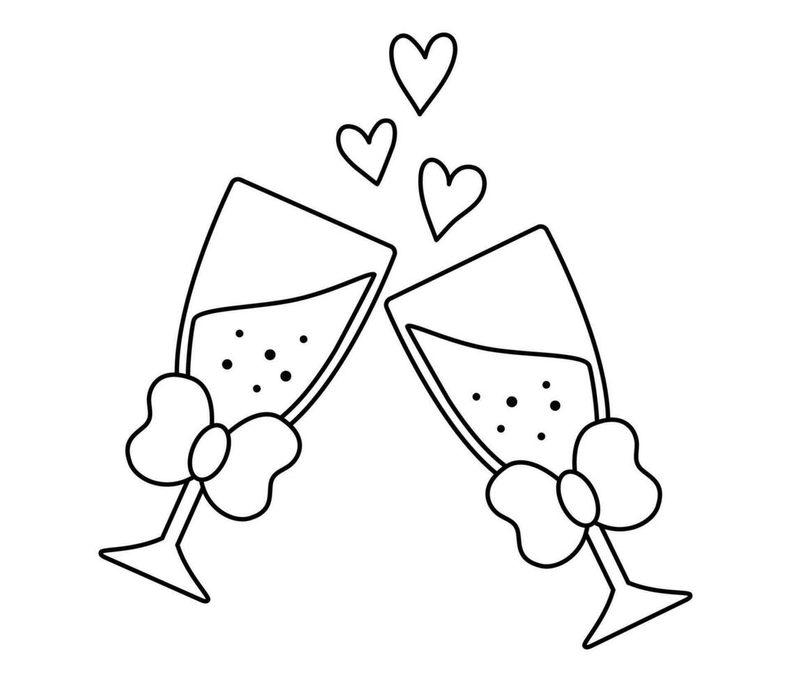 Vector black and white wedding clinking glasses with bow and sparkling drink. Cute marriage symbol clipart element for bride, groom. Just married couple banquet decoration or coloring page
