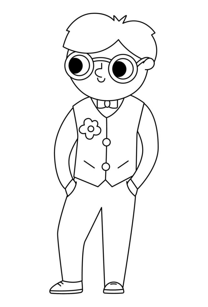 Vector black and white bridegroom illustration. Cute outline boy in glasses and vest. Wedding ceremony line icon. Cartoon marriage guest. Elegant man coloring page. Cute gentleman in smart suit